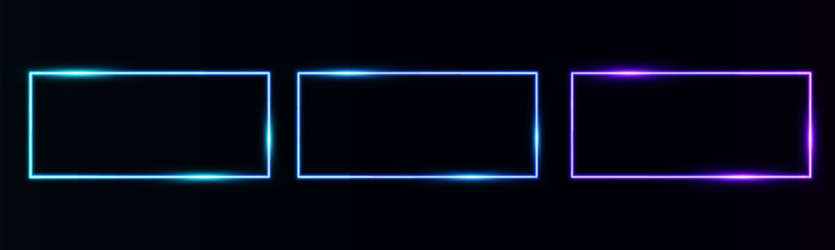 Realistic neon rectangle frame set with glow effect isolated on dark background. Azure, blue, purple illuminated geometric shapes. Electric light horizontal frame sign. Vector illustration