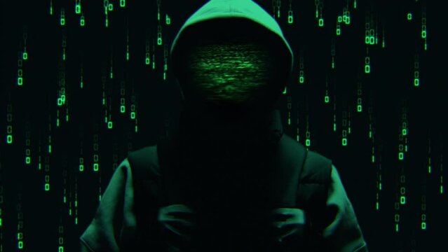 Computer hacker with hoodie. Computer abstract digital code at the background. Darknet fraud and cryptocurrency bitcoin concept. Cybersecurity and data protection in social network
