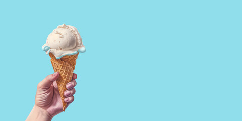 A man holds an ice cream in his hand on a blue background, empty space for text. Generative AI
