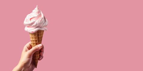 A man holds an ice cream in his hand on a pink background, empty space for text. Generative AI