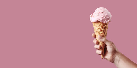 A man holds an ice cream in his hand on a pink background, empty space for text. Generative AI