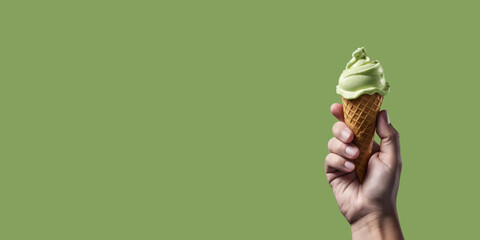 A man holds an ice cream in his hand on a green background, empty space for text. Generative AI