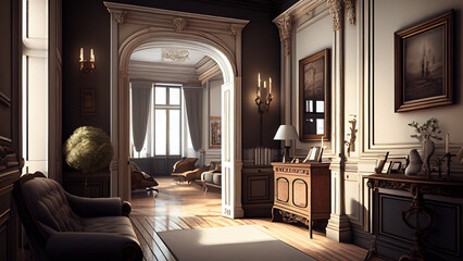 Modern, luxury and elegant living room apartment interior with light from big windows on the background. Furniture imperial forums. Generative AI.