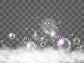 	
Air bubbles on a transparent background. Soap foam vector illustration.	
