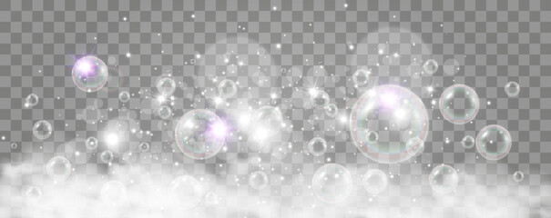 Fototapeta premium Air bubbles on a transparent background. Soap foam vector illustration. 