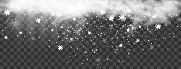 Vector illustration of flying snow on a transparent background.Natural phenomenon of snowfall or blizzard.
