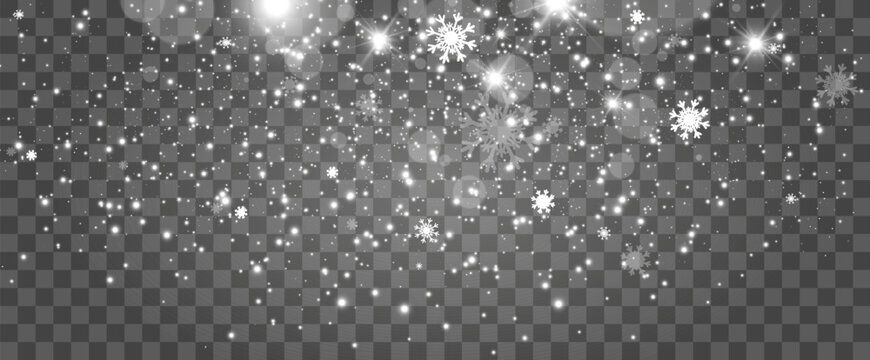 Vector illustration of flying snow on a transparent background.Natural phenomenon of snowfall or blizzard.
