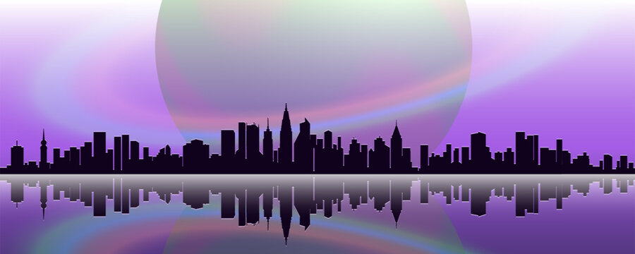 Vector wide dark silhouette of a fictitious city on the horizon against the background of a huge lilac planet Saturn and a mirror reflection in the water.