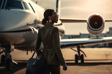 Top executive boarding her private jet at the airport. Composite with different elements made with generative AI - obrazy, fototapety, plakaty