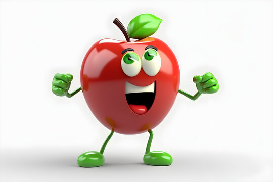 Cheerful cartoon red apple character with cute smile. Sweet apple fruit, happy funny food personage. Healthy food concept. Generative AI.