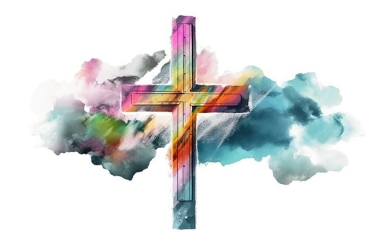 A vibrant watercolor painting of a cross soaring above the clouds in a graffiti-like style. Perfect for religious themes. Generative AI