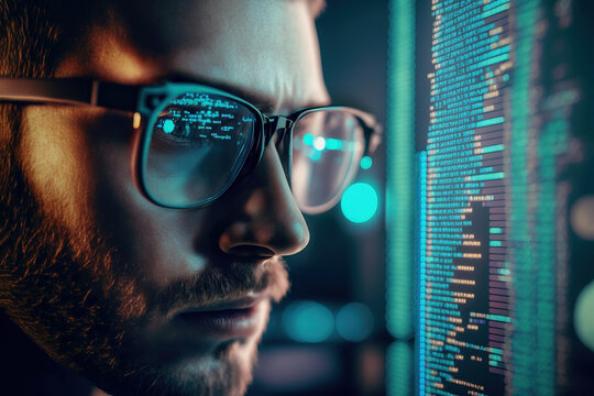 Closeup of man future programmer in glasses focused on AR screen with programming code or script, coding new software, symbols reflecting on his goggles. Generative AI