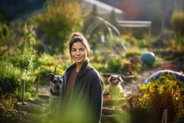 Fototapeta premium Portrait of a young woman in the biodynamic garden. Self-sustaining concept of living in nature and community of more people AI generative art