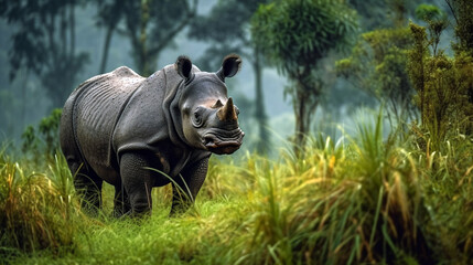 Beautiful One Horned Rhinoceros. Close up photo. Amazing portrait of an awesome rhino. Generative AI - obrazy, fototapety, plakaty