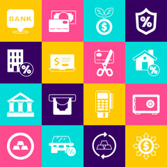 Set Dollar, share, network, Safe, House with percant discount, plant, Laptop dollar, Bank building and Scissors cutting credit card icon. Vector