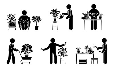 Stick figure man taking care of home flowers vector illustration set. Stickman person with houseplant icon silhouette pictogram