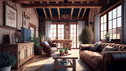 Vintage and classic Bohemian living room interior with natural wood furniture and a beige color scheme . Generative AI.
