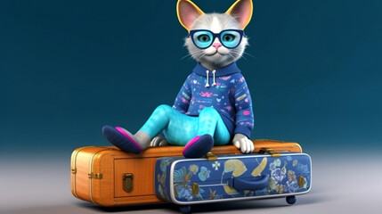 Funny cat in a blue sweatshirt and sunglasses, sits with a suitcase. Generative AI