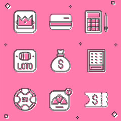 Set King playing card, Credit, Bingo, Lottery ticket, Money bag, Casino chips and Lucky wheel icon. Vector