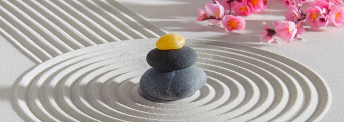 Fotobehang Japanese Zen garden with stone in textured sand © Wolfilser
