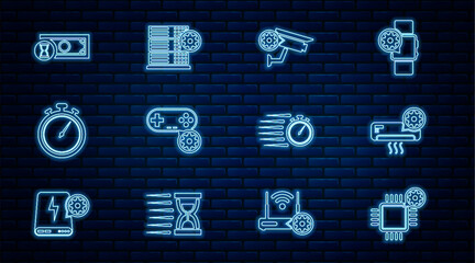 Fototapeta na wymiar Set line Processor setting, Air conditioner, Security camera, Gamepad, Stopwatch, Fast payments, and Server icon. Vector
