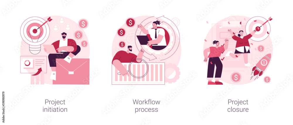Poster project implementation abstract concept vector illustration set. project initiation and closure, wor