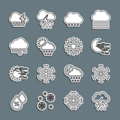 Set line Cloud with rain and lightning, Snowflake, Fog moon, snow, sun, Windy weather, and icon. Vector
