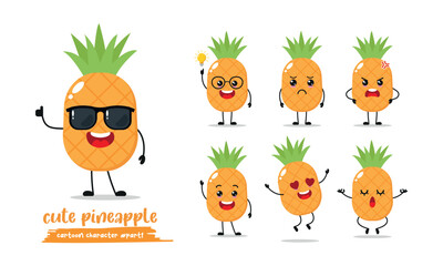 Cute yellow happy pineapple wear sunglasses character. Funny fruit emoticon in flat style. Different Face Expression Emoji vector illustration.