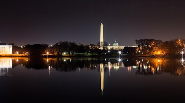 Night view of the George Washington Monument with water reflection. Generative AI