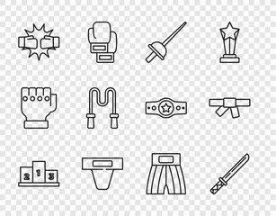 Set line Award over sports winner podium, Japanese katana, Fencing, Groin guard, Punch boxing gloves, Jump rope, Boxing short and Black karate belt icon. Vector