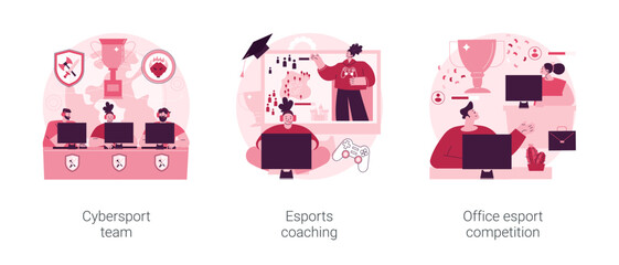 E-games tournament abstract concept vector illustration set. Cybersport team performance, esports coaching, office esport competition, computer club, battle arena, live streaming abstract metaphor.