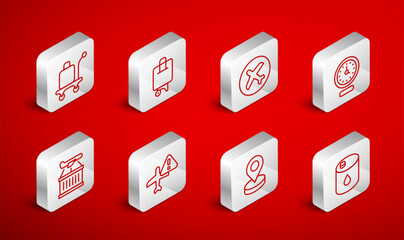Set line Barrel oil, Suitcase, Plane, Clock, Location, Trolley baggage, Warning aircraft and icon. Vector