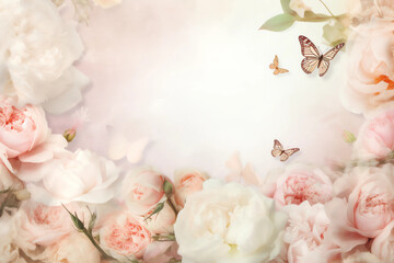 Beautiful floral design of gentle pink roses, white flower peony and with fluttering butterflies in delicate light pastel colors. generative ai. Floral frame for congratulations.