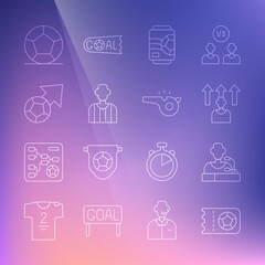 Set line Football or soccer ticket, player press conference, Beer can, referee, Soccer football, and Whistle icon. Vector