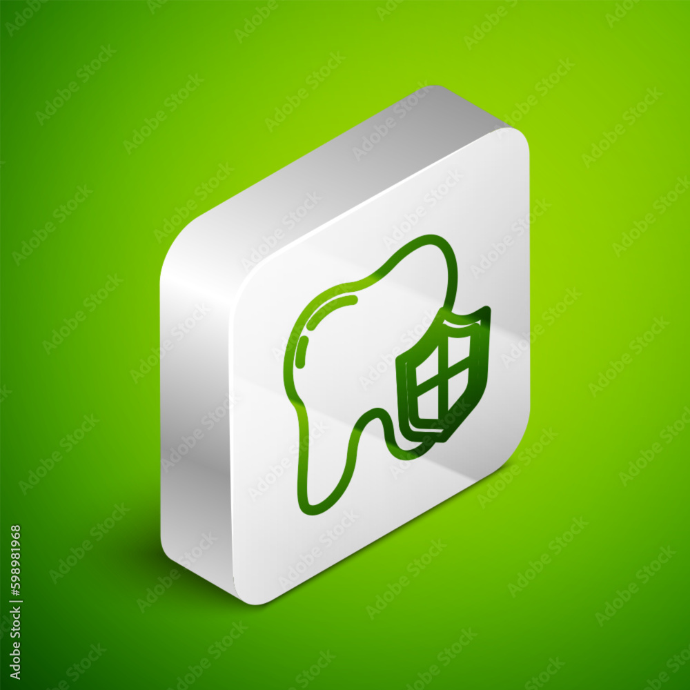 Sticker Isometric line Dental protection icon isolated on green background. Tooth on shield logo. Silver square button. Vector