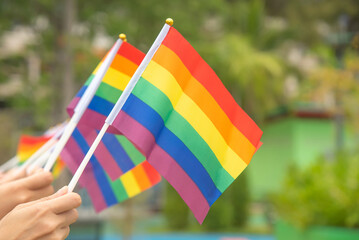 Diversity people hands raising colorful lgbtq rainbow flags together , a symbol for the LGBT community