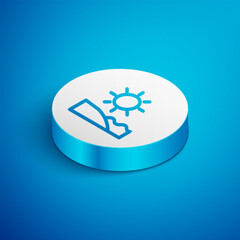 Isometric line Beach icon isolated on blue background. Tropical beach landscape. Good sunny day. White circle button. Vector