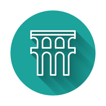 recommend clip art: White line Aqueduct of Segovia, Spain icon isolated with long shadow. Roman Aqueduct building. National symbol of Spain. Green circle button. Vector