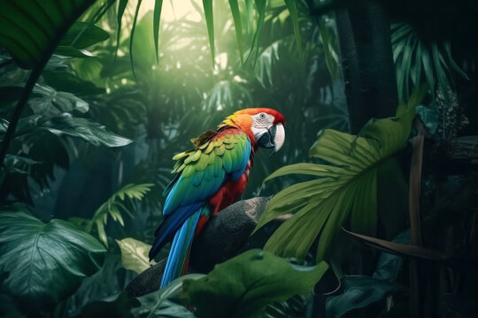Generative AI illustration of multicolored parrot sitting on tree twig in thick forest with green tropical plants