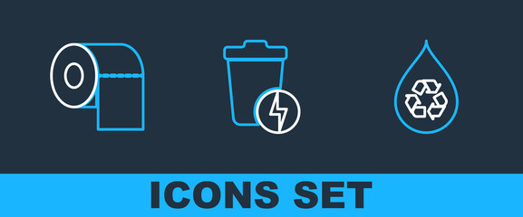 Set line Recycle clean aqua, Toilet paper roll and Lightning with trash can icon. Vector