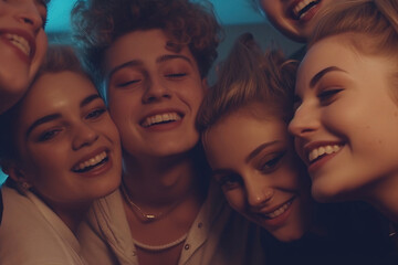 Generative AI image of group of cheerful young multiracial friends smiling while embracing and looking at camera against blue wall