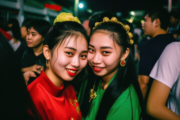 Generative AI image of smiling Asian female friends in makeup standing in crowded place and looking at camera while embracing each other and spending time together