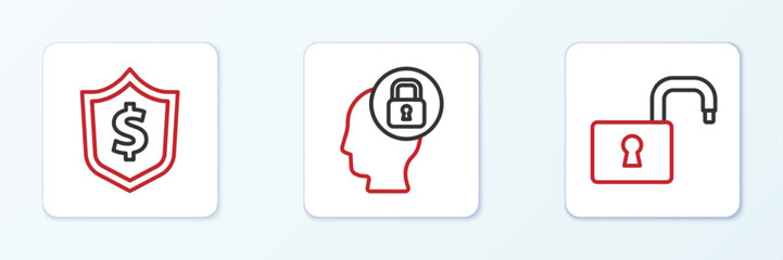 Set line Open padlock, Shield with dollar and Human head icon. Vector
