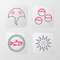 Set line Sea urchin, Served fish on plate, Takoyaki and Stingray icon. Vector