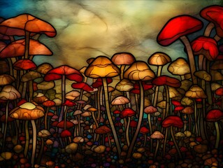 Fototapeta na wymiar A stylized field of mushrooms