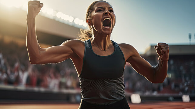 Generative AI illustration of strong woman in sportswear screaming while celebrating victory with raised arms during competition