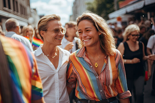 Generative AI illustration of cheerful young homosexual couple in shirts smiling and walking together through colorful LGBT pride parade on crowded street