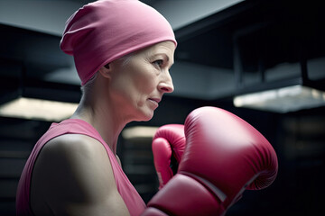Generative AI illustration side view of senior woman in pink boxing gloves and hat standing with raised arms representing fight against cancer