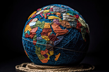 Generative AI illustration of globe formed from colorful recycled items placed on black background emphasizing global impact of recycling in combating climate change