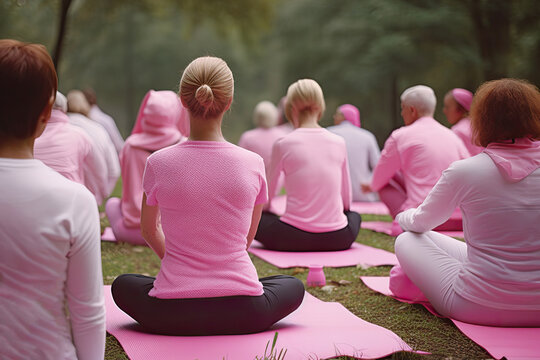 Generative AI illustration back view of group of people sitting in lotus pose during yoga session in park and wearing pink clothing in support of Cancer Awareness Month